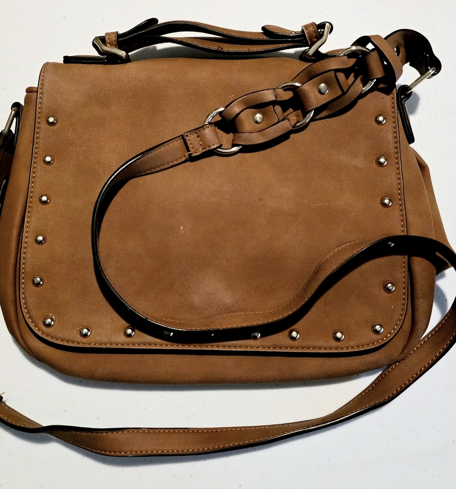Justfab Faux Soft Suede/Leather Messenger Satchel Bag Brown/Fawn 12x9.5 Preown
